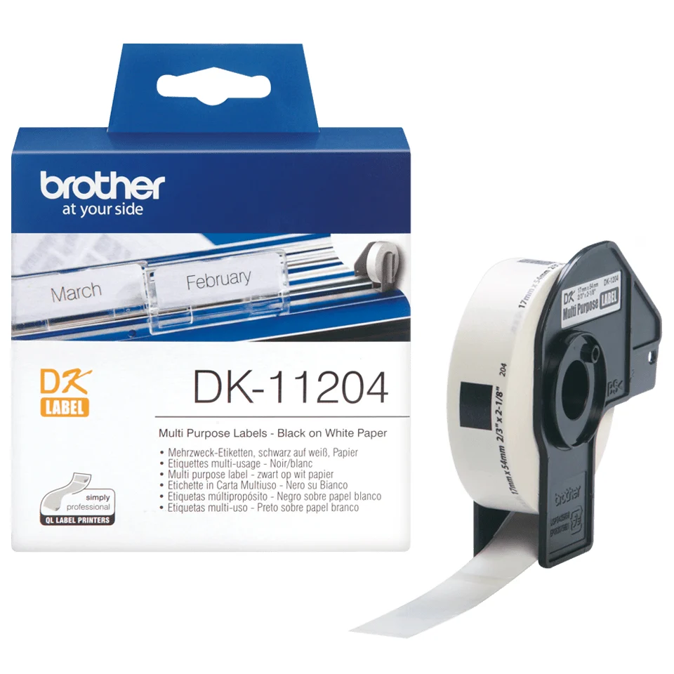 Brother DK-11204 етикетна лента Черен на бял фон — DK11204