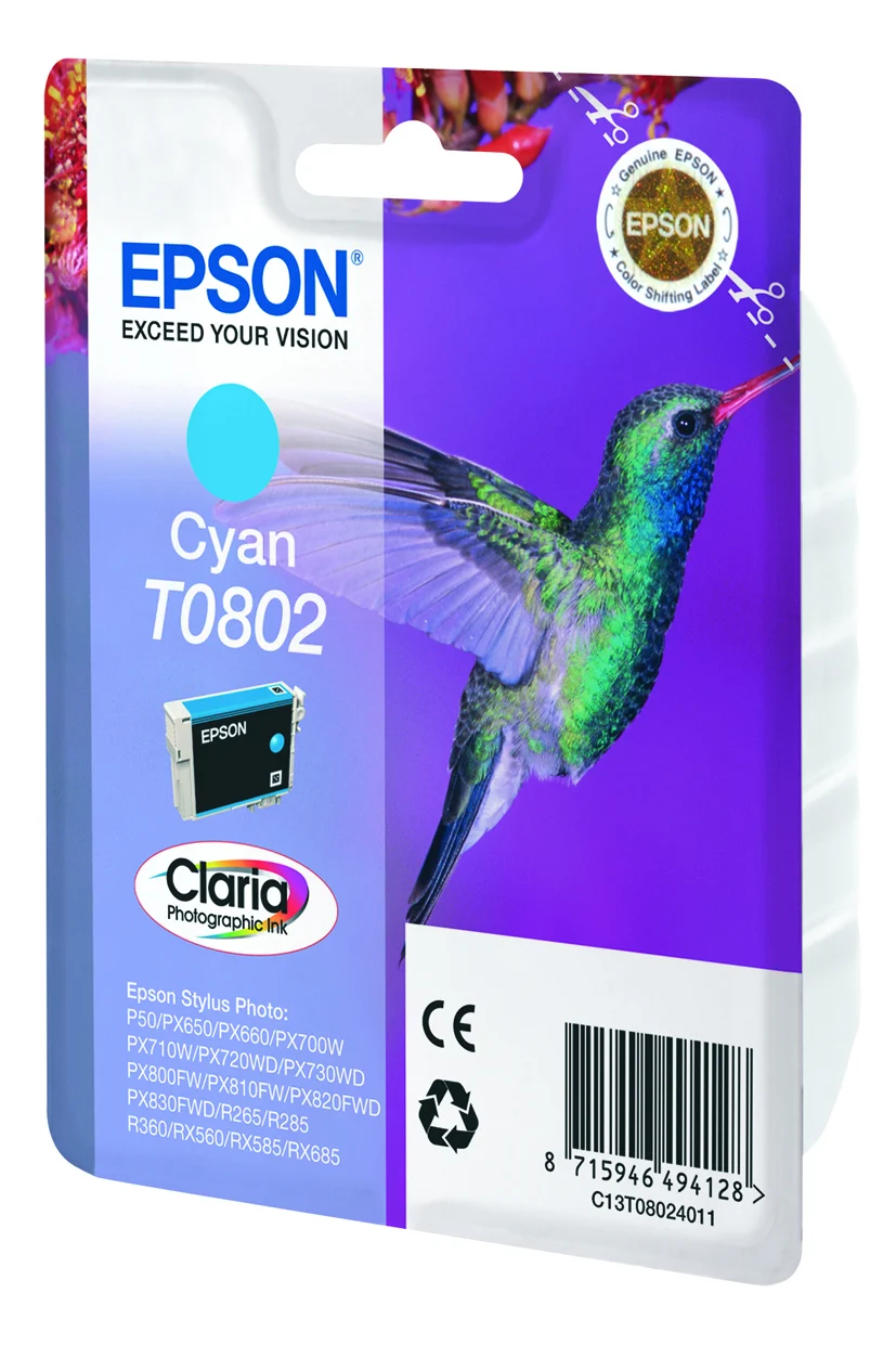 Epson Hummingbird Singlepack Cyan T0802 Claria Photographic Ink — C13T08024011