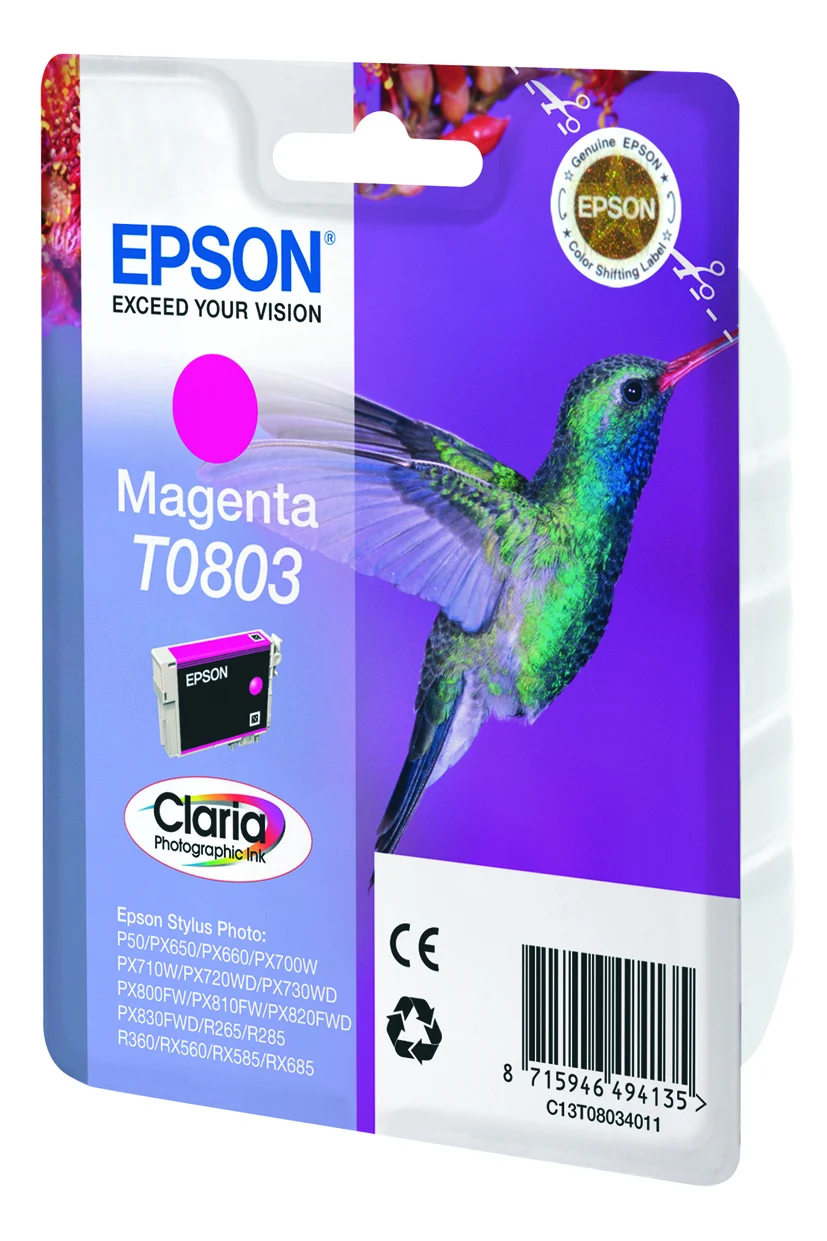 Epson Hummingbird Singlepack Magenta T0803 Claria Photographic Ink — C13T08034011