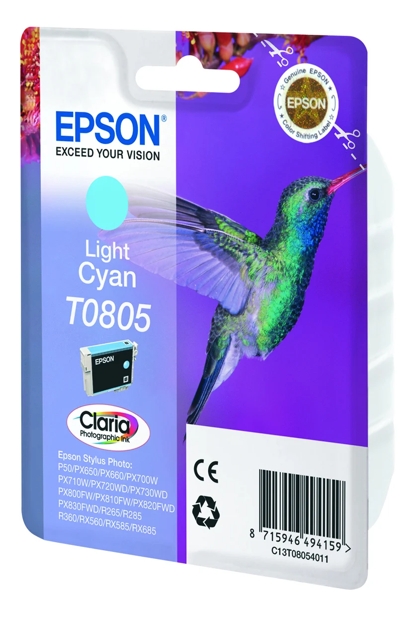 Epson Hummingbird Singlepack Light Cyan T0805 Claria Photographic Ink — C13T08054011 Epson Hummingbird Singlepack Light Cyan T0805 Claria Photographic Ink — C13T08054011