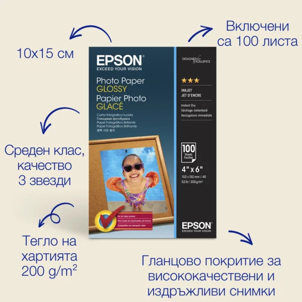 Epson Гланцова фотохартия (100 x 150 mm), 200 г/кв.м, 100 листа — C13S042548