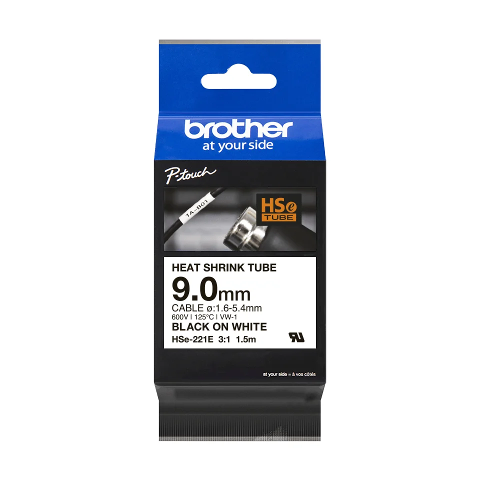 Brother HSE-221E етикетна лента Черен на бял фон — HSE221E