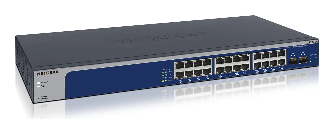 NETGEAR XS724EM Управляем L2 10G Ethernet (100/1000/10000) 1U Син, Сив — XS724EM-200EUS NETGEAR XS724EM Управляем L2 10G Ethernet (100/1000/10000) 1U Син, Сив — XS724EM-200EUS